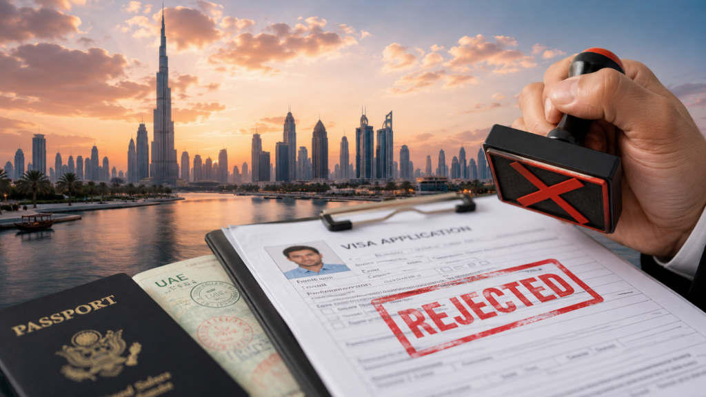 Dubai skyline with a rejected UAE visa application and passport.